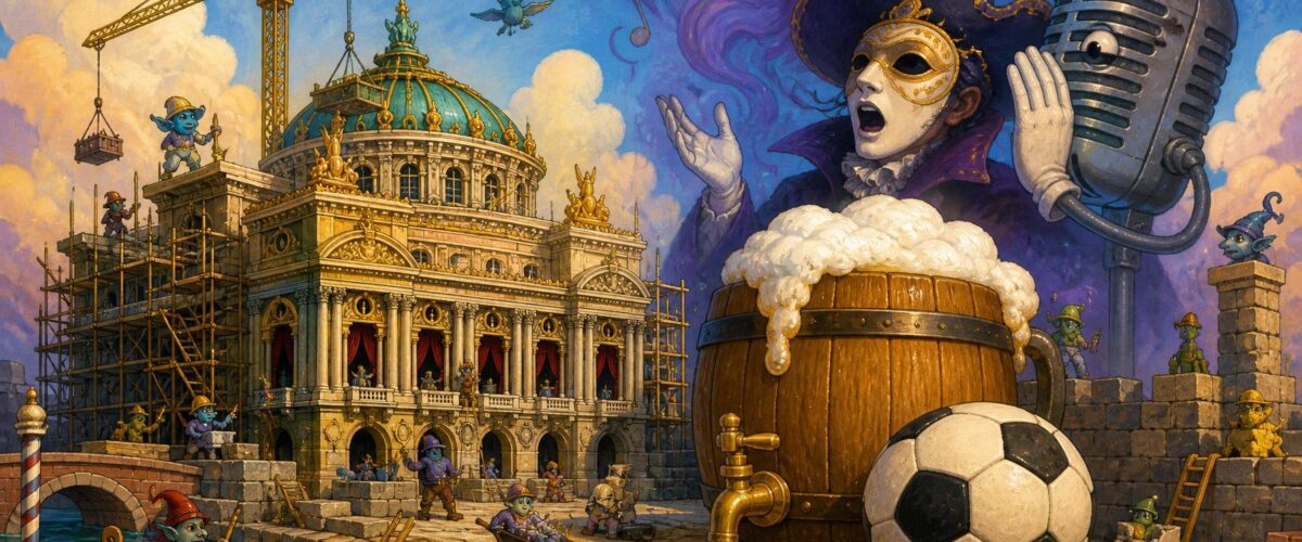 Illustration einer prunkvollen Oper im Bau neben einem riesigen Bierfass, einem Fußball, einer maskierten Figur und einem flüsternden Mikrofon.
