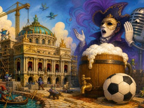 Illustration einer prunkvollen Oper im Bau neben einem riesigen Bierfass, einem Fußball, einer maskierten Figur und einem flüsternden Mikrofon.