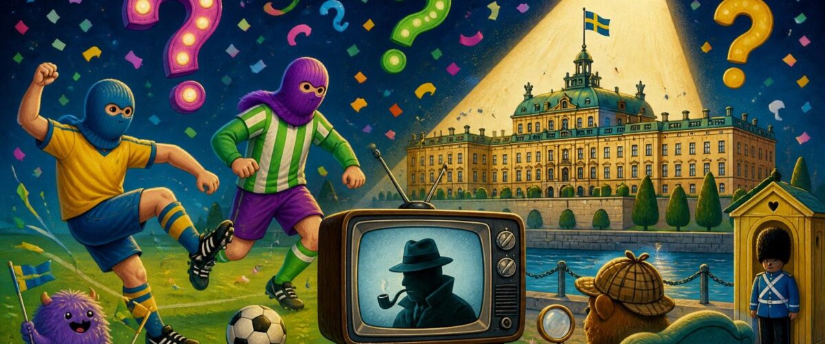 Illustration mit maskierten Fußballspielern, Detektiv-Silhouette und einem Palast im Scheinwerferlicht.