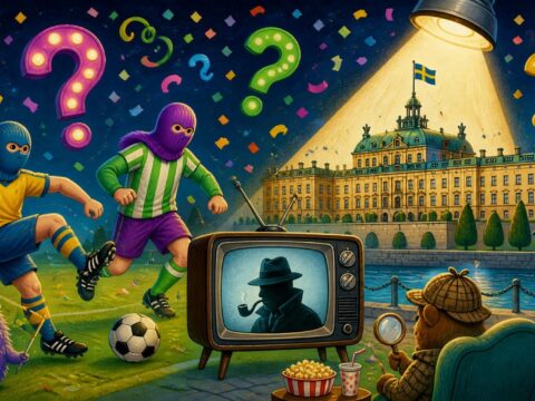 Illustration mit maskierten Fußballspielern, Detektiv-Silhouette und einem Palast im Scheinwerferlicht.