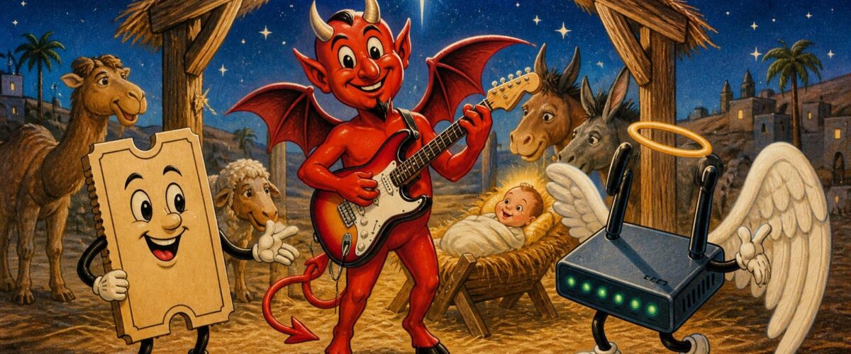 Cartoon-Teufel mit Gitarre in Krippenszene, daneben ein altes Zugticket und ein Router mit Engelsflügeln.