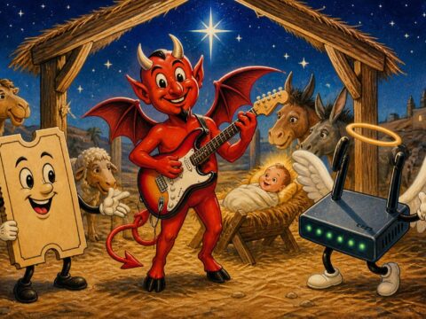 Cartoon-Teufel mit Gitarre in Krippenszene, daneben ein altes Zugticket und ein Router mit Engelsflügeln.