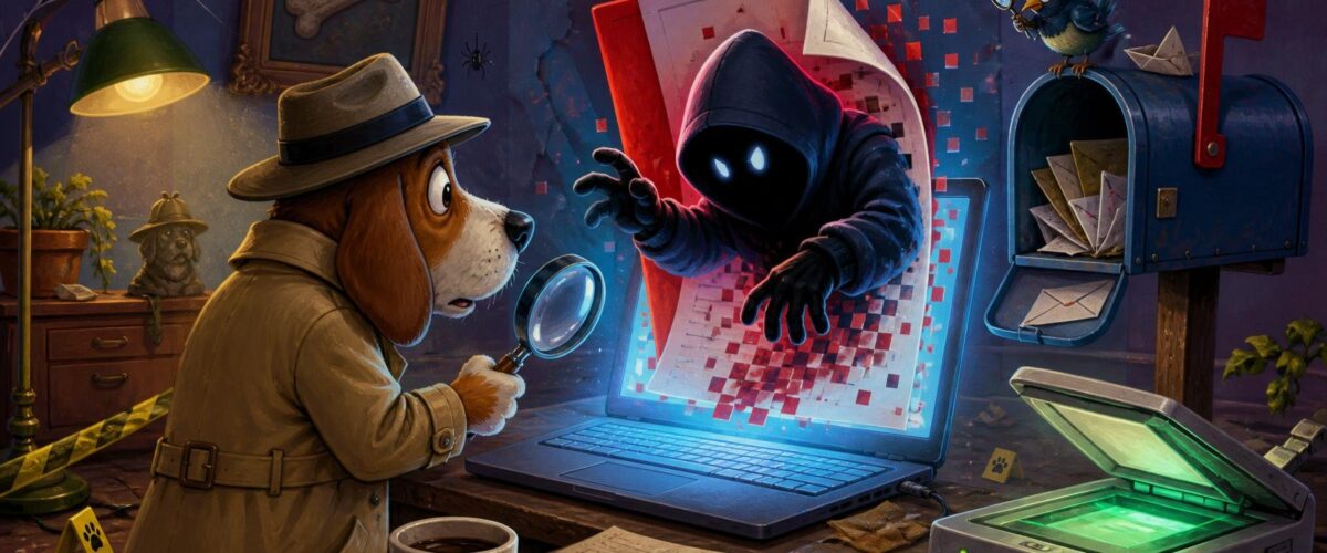 Ein Kommissar an einem Tatort, ein Laptop zeigt einen Hacker, der aus einem PDF steigt, im Hintergrund ein Postfach und ein Scanner.