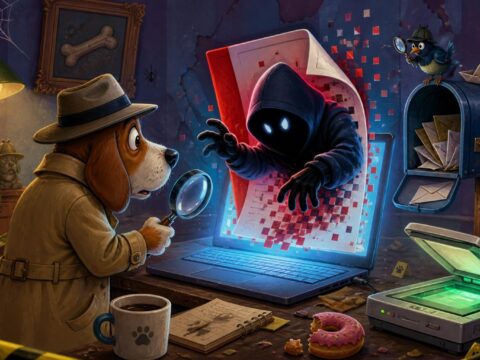 Ein Kommissar an einem Tatort, ein Laptop zeigt einen Hacker, der aus einem PDF steigt, im Hintergrund ein Postfach und ein Scanner.