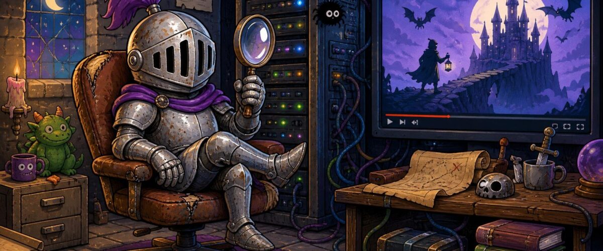 Ein Ritter auf einem Bürostuhl mit Lupe vor einem Server-Rack und einem Videoplayer, im Comic-Stil.