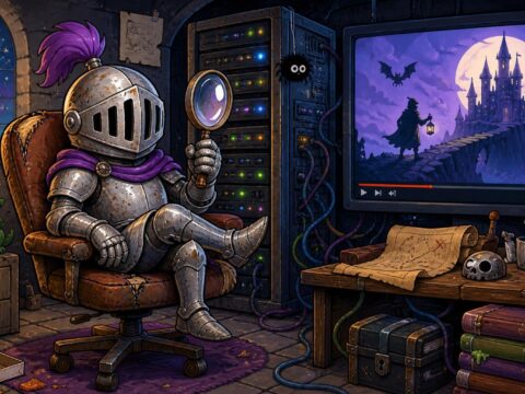Ein Ritter auf einem Bürostuhl mit Lupe vor einem Server-Rack und einem Videoplayer, im Comic-Stil.