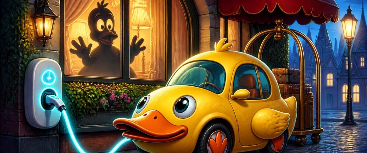 Cartoon-Ente als Elektroauto lädt an einer Hotelfassade, während eine überraschte Silhouette im Fenster zu sehen ist.
