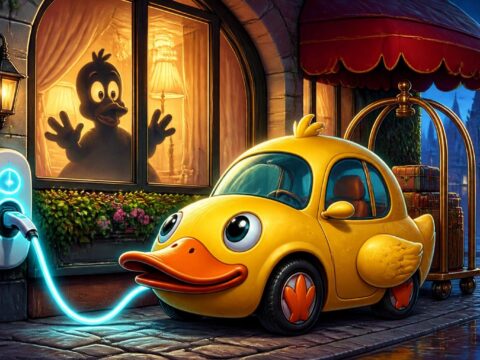 Cartoon-Ente als Elektroauto lädt an einer Hotelfassade, während eine überraschte Silhouette im Fenster zu sehen ist.