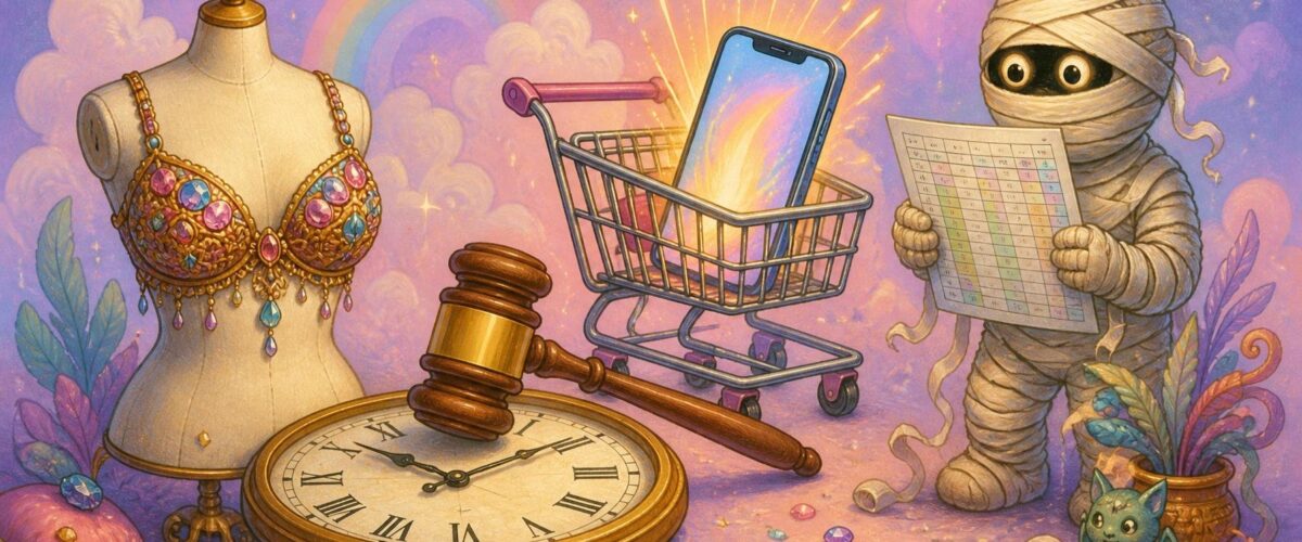 Pastellfarbene Illustration mit juwelenbesetztem BH, Hammer auf Uhr, Einkaufswagen mit Smartphone und Mumie mit Tabelle.