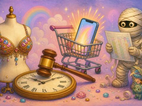 Pastellfarbene Illustration mit juwelenbesetztem BH, Hammer auf Uhr, Einkaufswagen mit Smartphone und Mumie mit Tabelle.