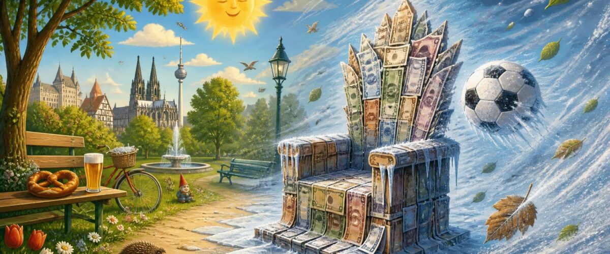 Verspielte Illustration: Ein sonniger Park trifft auf eine Kaltfront, ein Thron aus Rechnungen und ein eingefrorener Fußball.