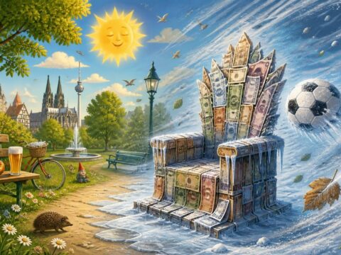 Verspielte Illustration: Ein sonniger Park trifft auf eine Kaltfront, ein Thron aus Rechnungen und ein eingefrorener Fußball.