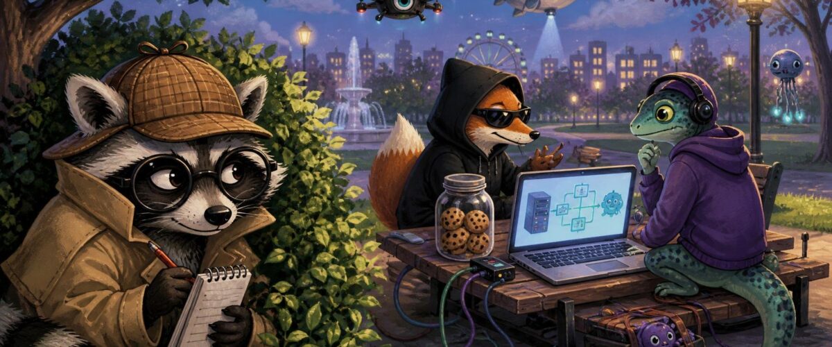 Ein Kommissar versteckt sich hinter einem Busch und belauscht zwei Hacker im Park; ein Laptop zeigt einen Proxyserver, ein KI-Flussdiagramm und eine Keksdose.