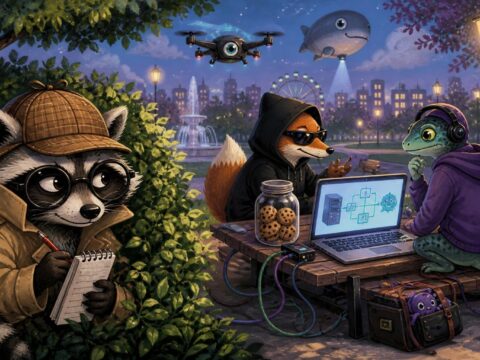 Ein Kommissar versteckt sich hinter einem Busch und belauscht zwei Hacker im Park; ein Laptop zeigt einen Proxyserver, ein KI-Flussdiagramm und eine Keksdose.
