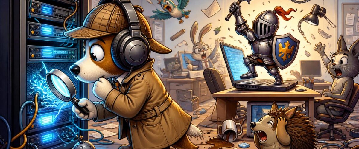 Ein Cartoon-Kommissar mit überdimensionalen Kopfhörern beugt sich zu einem leuchtenden Server, während ein Ritter an einem Laptop im Hintergrund Chaos im Büro anrichtet.