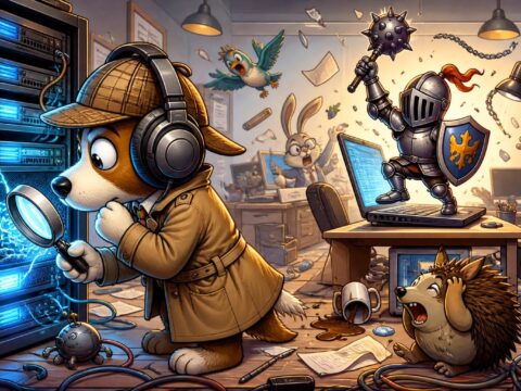 Ein Cartoon-Kommissar mit überdimensionalen Kopfhörern beugt sich zu einem leuchtenden Server, während ein Ritter an einem Laptop im Hintergrund Chaos im Büro anrichtet.