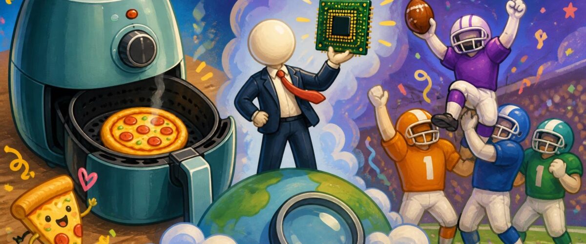 Cartoon-Collage: Pizza im Heißluftfritteusenkorb, Geschäftsmann mit Computerchip, feiernde Footballspieler, ohne echte Personen oder Logos.