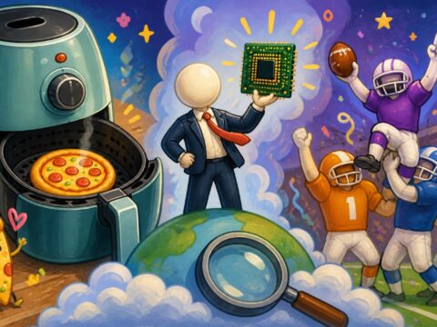 Cartoon-Collage: Pizza im Heißluftfritteusenkorb, Geschäftsmann mit Computerchip, feiernde Footballspieler, ohne echte Personen oder Logos.