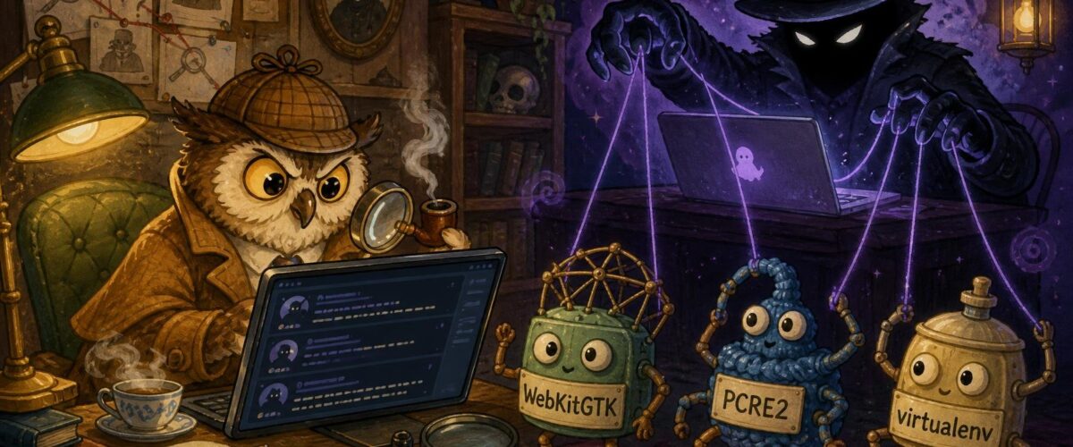 Illustration eines Kommissars, der einen Darknet-Post liest, während eine Schattengestalt von einem leuchtenden Laptop aus Fäden zieht, beschriftet mit WebKitGTK, PCRE2 und virtualenv.