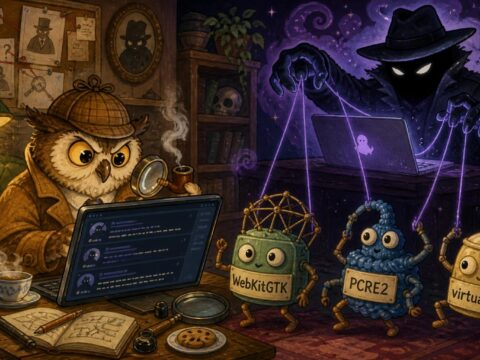 Illustration eines Kommissars, der einen Darknet-Post liest, während eine Schattengestalt von einem leuchtenden Laptop aus Fäden zieht, beschriftet mit WebKitGTK, PCRE2 und virtualenv.