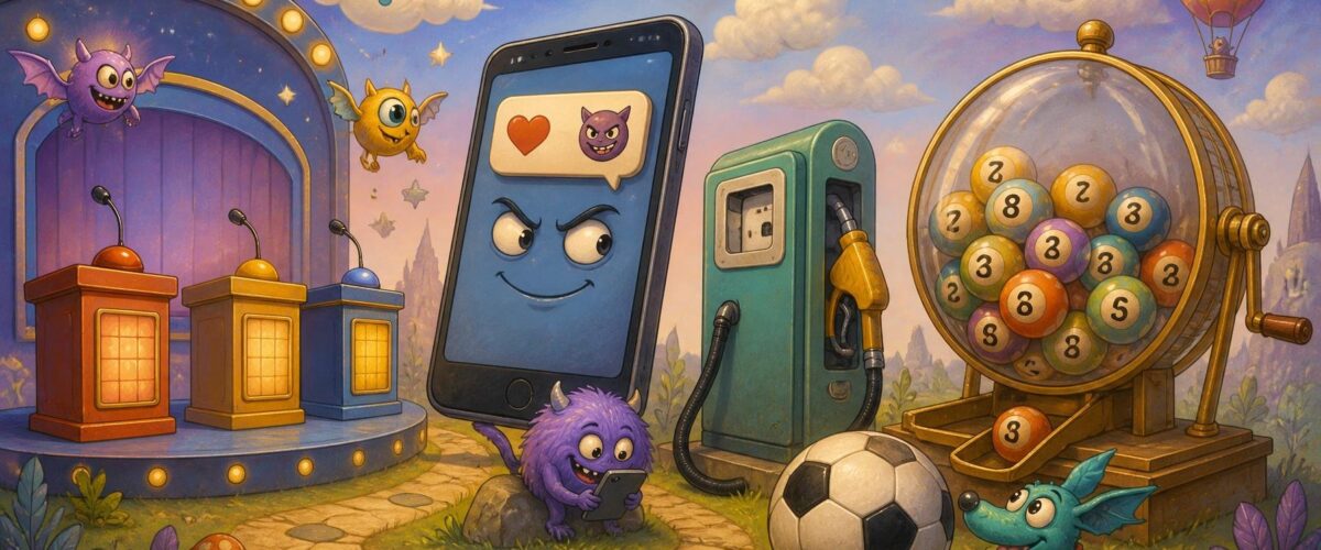 Verspielte Illustration mit Quizshow-Pult, Smartphone mit frecher Benachrichtigung, Zapfsäule, Fußball und Lostrommel mit nummerierten Kugeln.