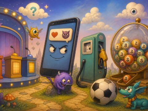 Verspielte Illustration mit Quizshow-Pult, Smartphone mit frecher Benachrichtigung, Zapfsäule, Fußball und Lostrommel mit nummerierten Kugeln.