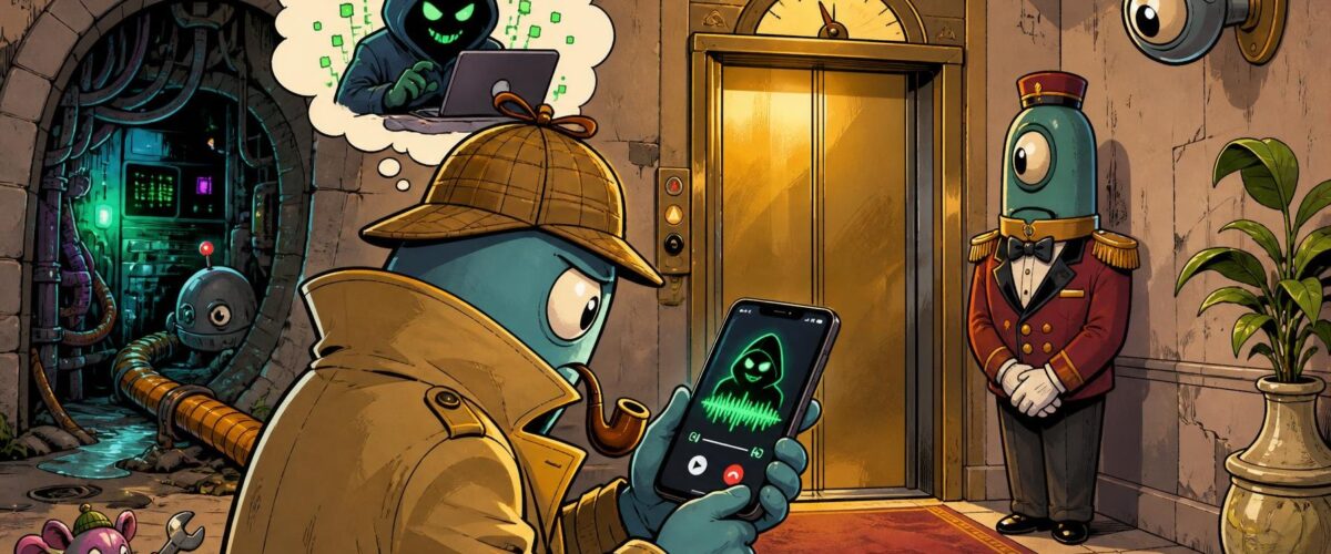 Ein Kommissar untersucht ein Smartphone mit einer Sprachnachricht eines Hackers; daneben ein Aufzug, ein Pförtner und ein Wartungstunnel im Comicstil.