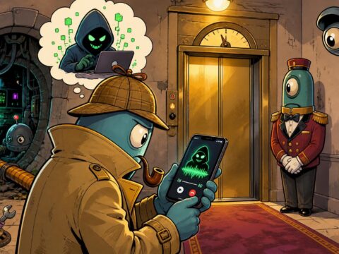 Ein Kommissar untersucht ein Smartphone mit einer Sprachnachricht eines Hackers; daneben ein Aufzug, ein Pförtner und ein Wartungstunnel im Comicstil.