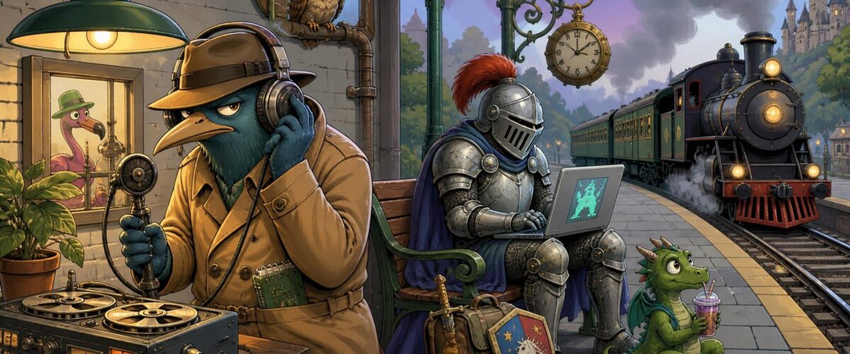Ein Cartoon-Kommissar mit Kopfhörern lauscht einem abgehörten Telefonat, während ein Ritter mit Laptop an einem Bahnsteig sitzt und ein Zug einfährt.