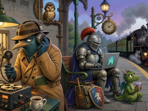 Ein Cartoon-Kommissar mit Kopfhörern lauscht einem abgehörten Telefonat, während ein Ritter mit Laptop an einem Bahnsteig sitzt und ein Zug einfährt.
