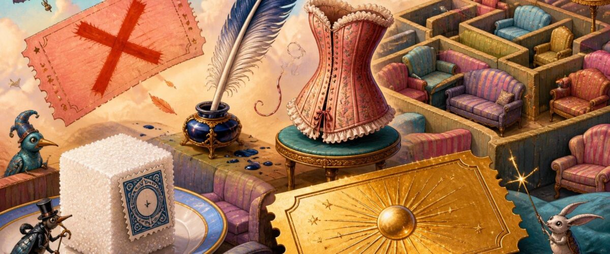 Illustration mit abgesagtem Konzertticket, Federkiel und Korsett, Sofa-Labyrinth, Zuckerwürfel mit Steuerstempel und goldenem Lottoschein.