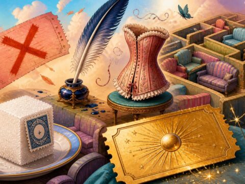 Illustration mit abgesagtem Konzertticket, Federkiel und Korsett, Sofa-Labyrinth, Zuckerwürfel mit Steuerstempel und goldenem Lottoschein.