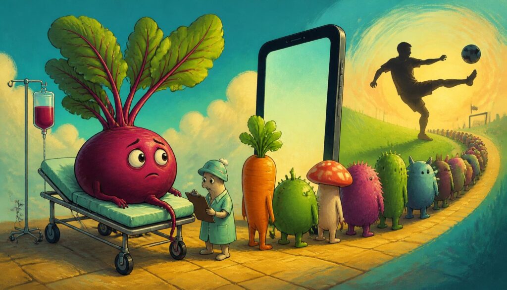 Illustration: Rote Bete auf Krankenliege, Smartphone mit Warteschlange, Fußballer im Schatten.