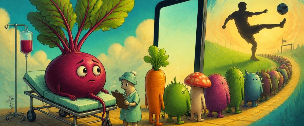 Illustration: Rote Bete auf Krankenliege, Smartphone mit Warteschlange, Fußballer im Schatten.