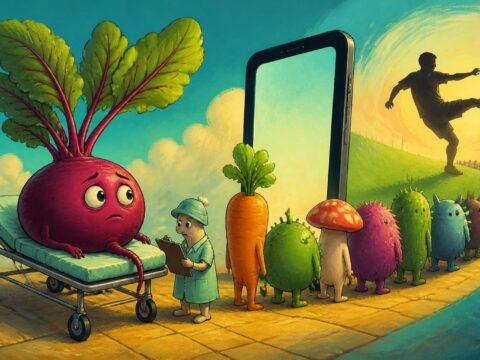 Illustration: Rote Bete auf Krankenliege, Smartphone mit Warteschlange, Fußballer im Schatten.