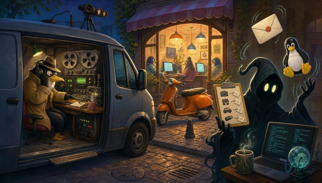 Illustration eines Kommissars in einem Observationswagen, der ein abgehörtes Telefonat verfolgt, während ein Hacker einen Webmail-Umschlag, ein Inventar-Klemmbrett und einen Linux-Pinguin jongliert; im Hintergrund ein orangefarbener Roller vor einem Internetcafé.