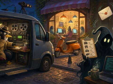 Illustration eines Kommissars in einem Observationswagen, der ein abgehörtes Telefonat verfolgt, während ein Hacker einen Webmail-Umschlag, ein Inventar-Klemmbrett und einen Linux-Pinguin jongliert; im Hintergrund ein orangefarbener Roller vor einem Internetcafé.