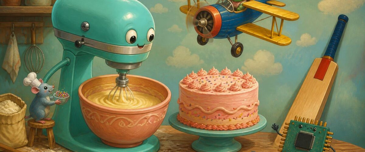 Illustration: Küchenmaschine backt Kuchen neben Cricket-Schläger und Computerchip, Spielzeugflugzeug fliegt darüber.