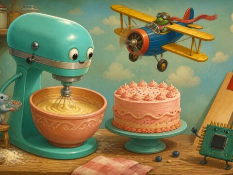 Illustration: Küchenmaschine backt Kuchen neben Cricket-Schläger und Computerchip, Spielzeugflugzeug fliegt darüber.