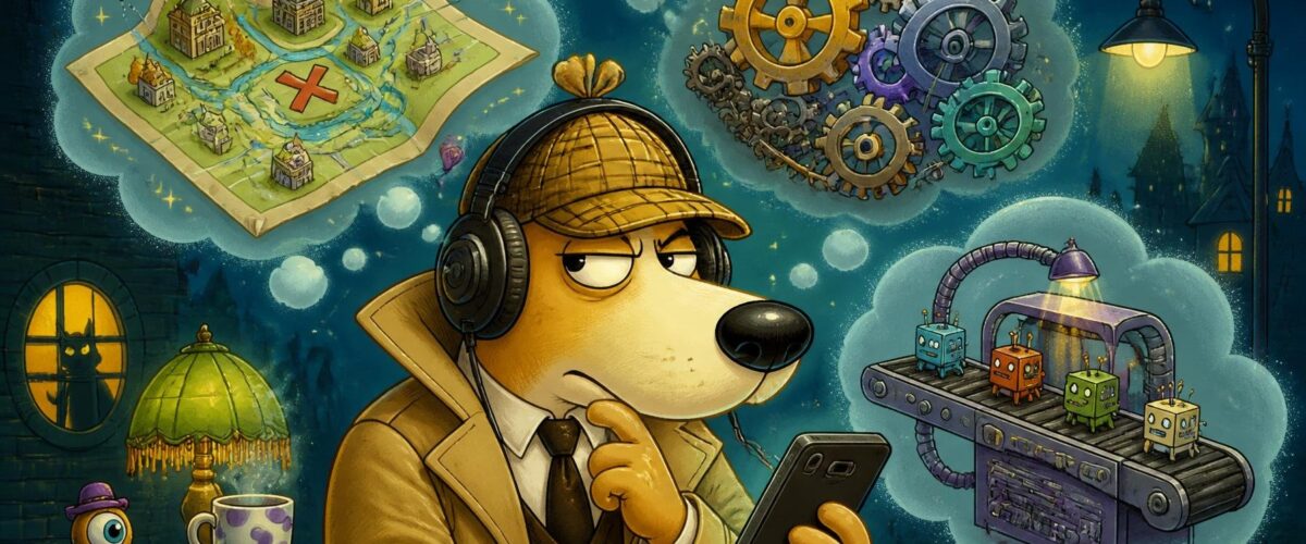 Illustration eines Kommissars mit Kopfhörern vor einem Smartphone, umgeben von Symbolen für Karte, Zahnräder und Förderband.