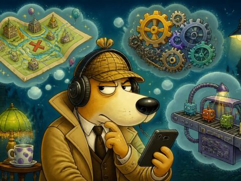 Illustration eines Kommissars mit Kopfhörern vor einem Smartphone, umgeben von Symbolen für Karte, Zahnräder und Förderband.