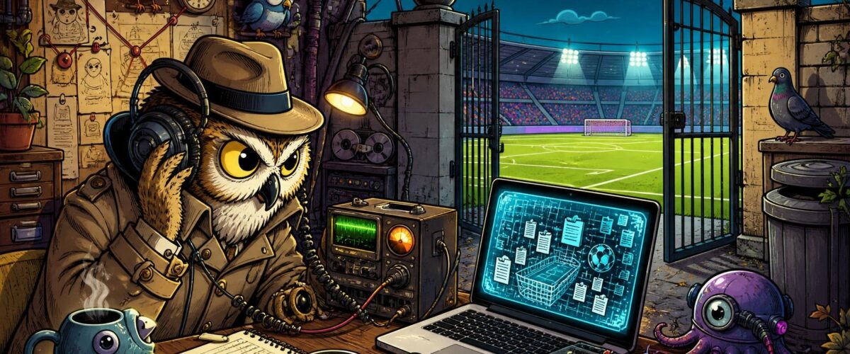 Ein Kommissar mit Kopfhörern hört ein abgehörtes Telefonat ab; daneben ein Fußballfeld, ein offenes Stadiontor und ein Laptop mit geleakten Daten im Comicstil.