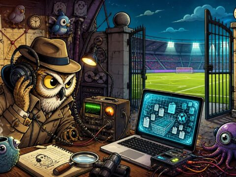 Ein Kommissar mit Kopfhörern hört ein abgehörtes Telefonat ab; daneben ein Fußballfeld, ein offenes Stadiontor und ein Laptop mit geleakten Daten im Comicstil.