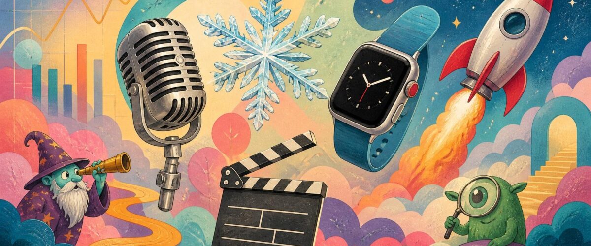 Verspielte Collage mit Mikrofon, Schneeflocke, Smartwatch, Rakete und Filmklappe auf abstraktem Hintergrund.
