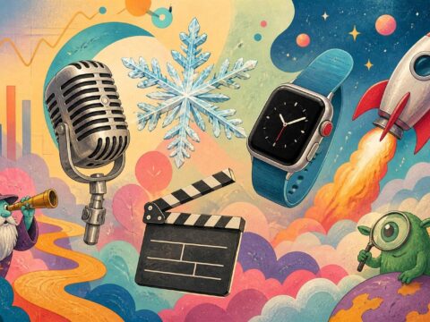 Verspielte Collage mit Mikrofon, Schneeflocke, Smartwatch, Rakete und Filmklappe auf abstraktem Hintergrund.