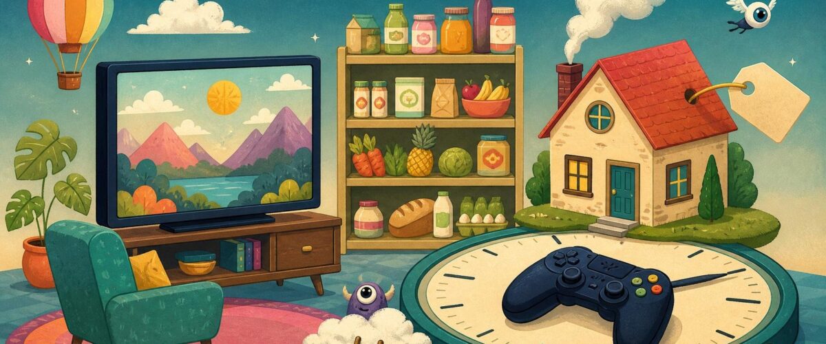 Illustration mit Fernseher, Supermarktregal, kleinem Haus mit Preisschild und Gamepad auf einer großen Uhr.