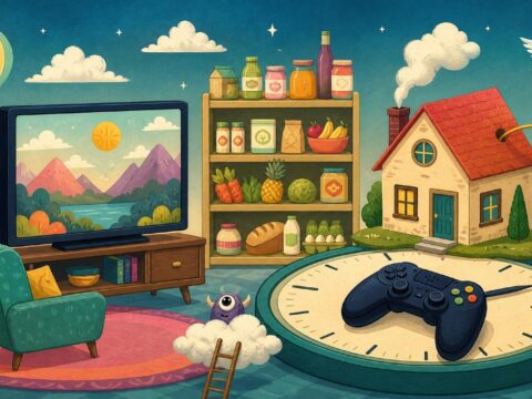 Illustration mit Fernseher, Supermarktregal, kleinem Haus mit Preisschild und Gamepad auf einer großen Uhr.