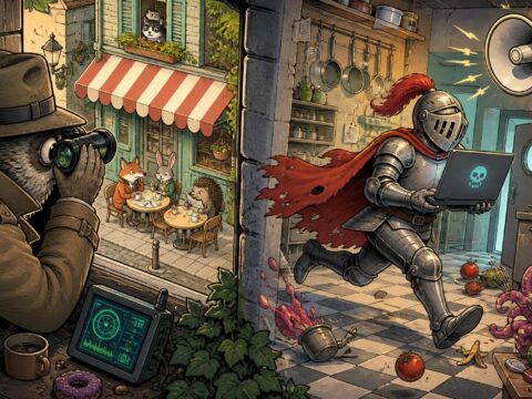 Ein Cartoon-Kommissar mit Fernglas beobachtet ein Café, während ein Ritter mit Laptop durch eine Küche flieht und ein Lautsprecher an der Wand hängt.