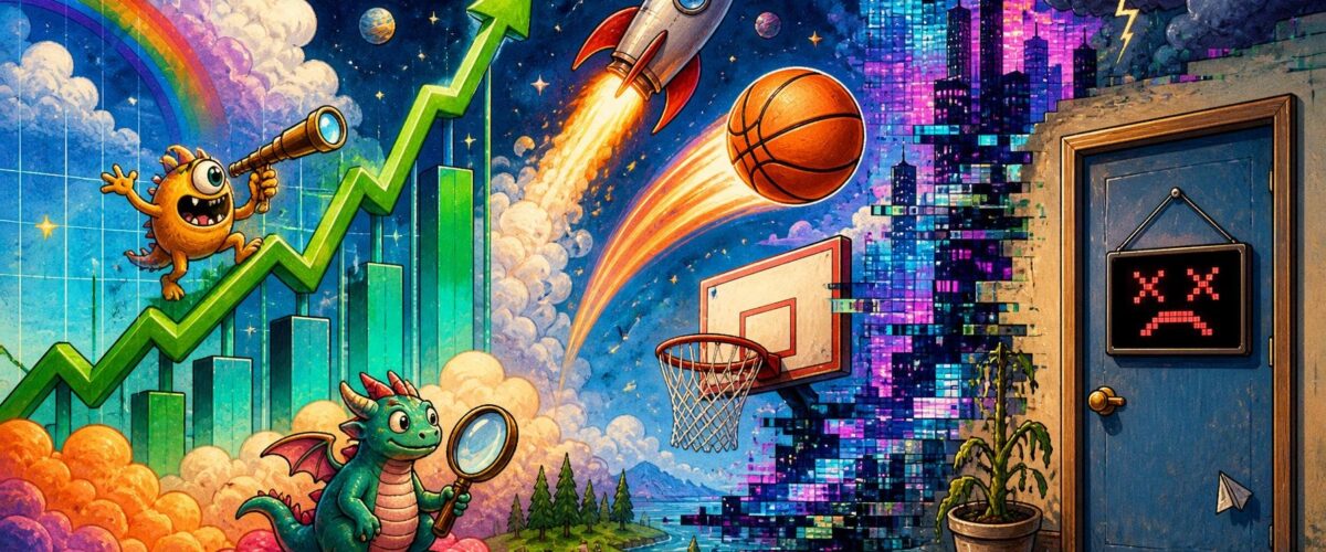 Illustration mit steigender Aktienkurve, Rakete, Basketball, Cyberpunk-Stadt und einer geschlossenen Bürotür mit Game-over-Schild.