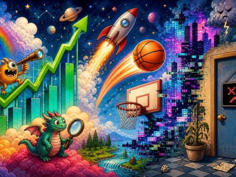 Illustration mit steigender Aktienkurve, Rakete, Basketball, Cyberpunk-Stadt und einer geschlossenen Bürotür mit Game-over-Schild.